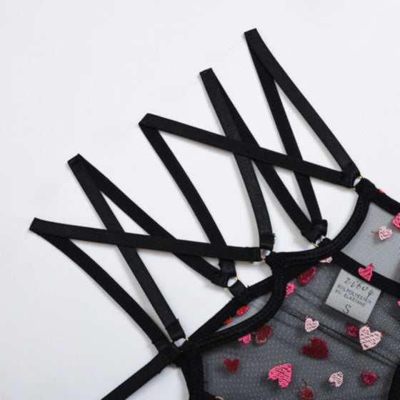 La Belle Fantastique 2 PC Charlotte Heart Embroidery Strappy Lace Bralette Set