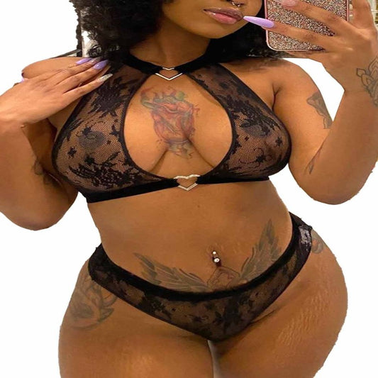 La Belle Fantastique Black Halter Open Bust Lace Bralette Set | Sexy Lingerie | Lace Nightie | Fashion Lingerie