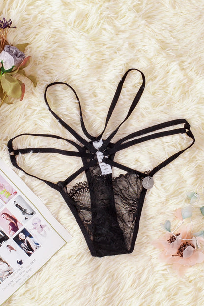 La Belle Fantastique Black Strappy Lace Thong