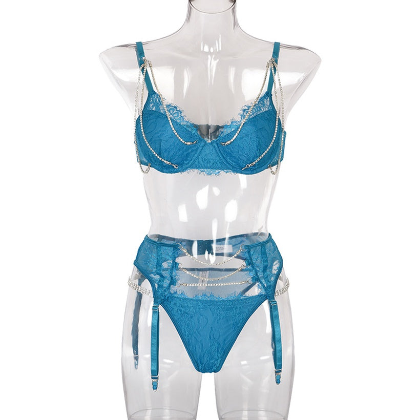 Aviana Blue 3 Piece Lace lingerie Set