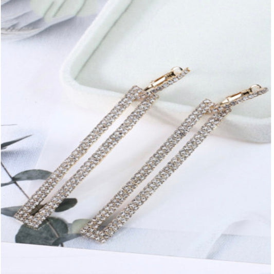 La Belle Fantastique Silvery Clip-on Long Drop Rectangle Rhinestone Earrings,Bar Earrings, Solid Brass Earrings, Geometric Earrings
