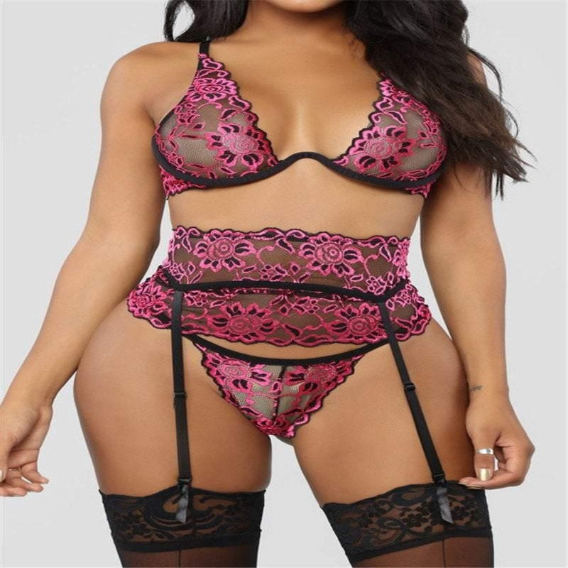 La Belle Fantastique 3 Pieces Sexy Lingerie  Bra + Garter Belt + Panties Sheer See Through Lingerie Bridal Lingerie Set | Gift For Her - La Belle Fantastique 