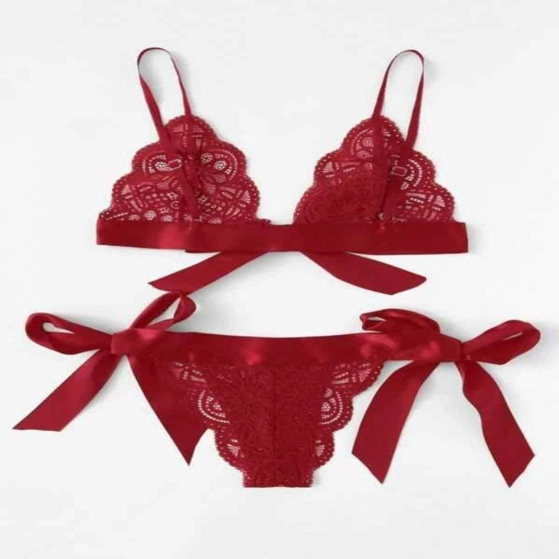 La Belle Fantastique Red / Black Bow Tie lingerie set sexy | gift for wife | Gift for her | sexy lace 2 piece | erotic lingerie - La Belle Fantastique 