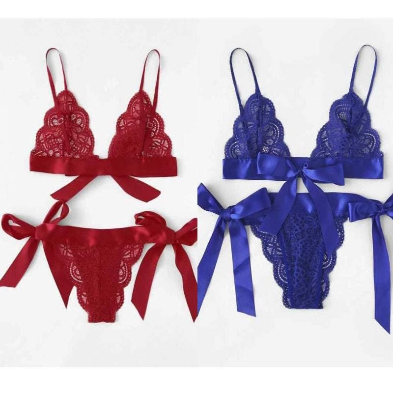 La Belle Fantastique Red / Black Bow Tie lingerie set sexy | gift for wife | Gift for her | sexy lace 2 piece | erotic lingerie - La Belle Fantastique 