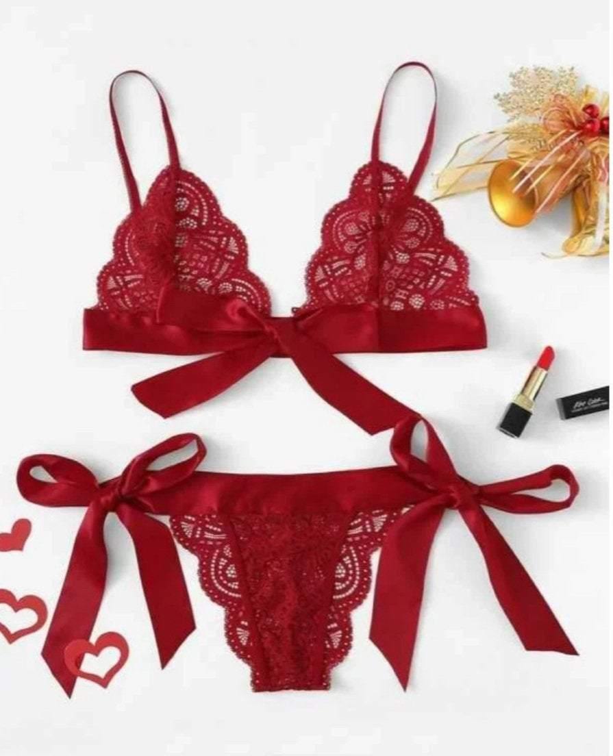La Belle Fantastique Red / Black Bow Tie lingerie set sexy | gift for wife | Gift for her | sexy lace 2 piece | erotic lingerie - La Belle Fantastique 