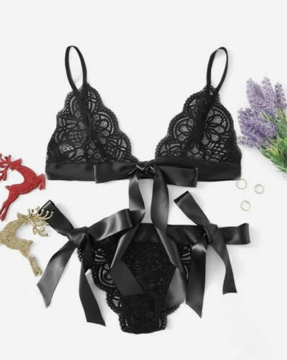 La Belle Fantastique Red / Black Bow Tie lingerie set sexy | gift for wife | Gift for her | sexy lace 2 piece | erotic lingerie - La Belle Fantastique 