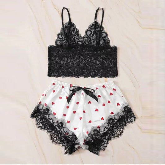 La Belle Fantastique Oakley Lace Silk Nightwear Shorts Set |  Pajama Set | Lingerie Set | Sexy Lingerie | Underwear Set | Anniversary Gift