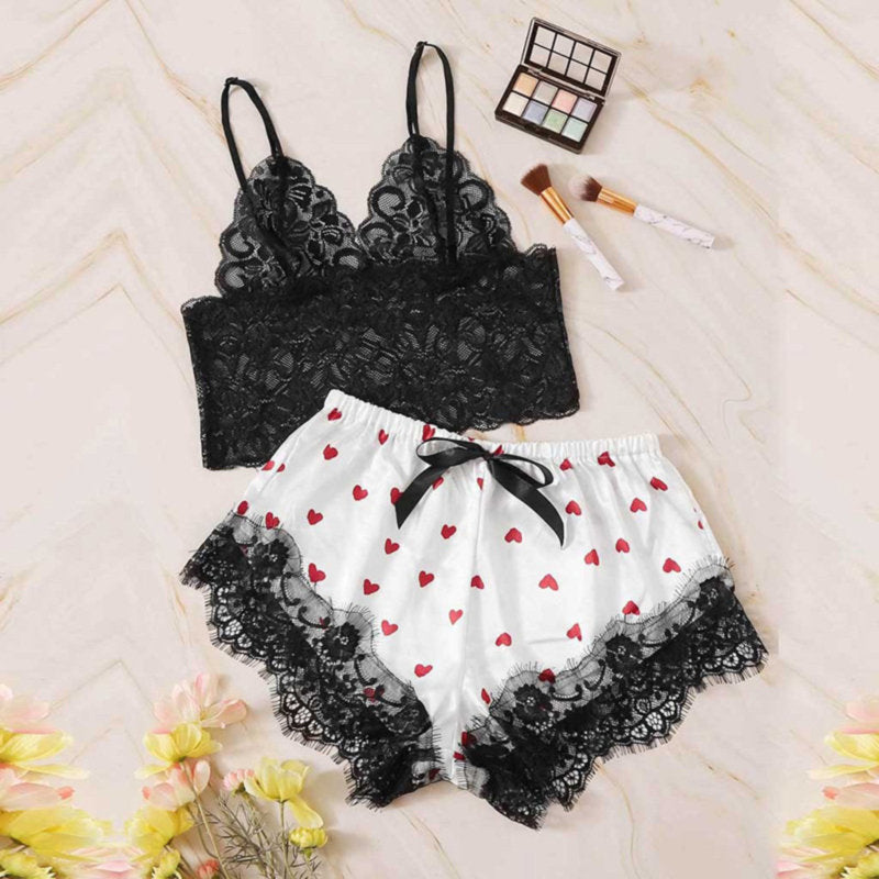La Belle Fantastique Oakley Lace Silk Nightwear Shorts Set |  Pajama Set | Lingerie Set | Sexy Lingerie | Underwear Set | Anniversary Gift